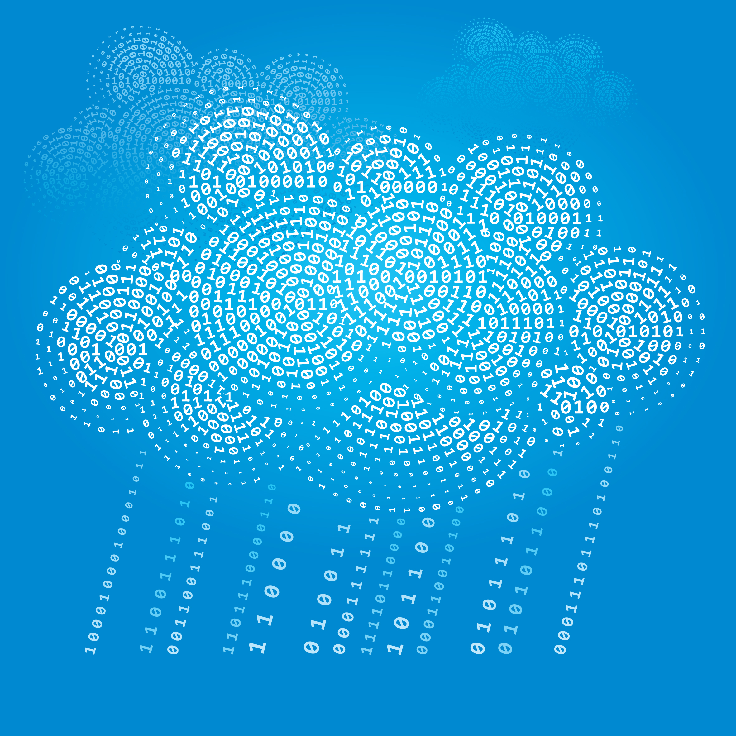 White binary code in the shape of a raincloud over a blue background